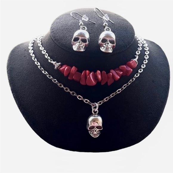 Set ! Red coral skull double layer necklace + matching skull earrings goth boho - Picture 2 of 16